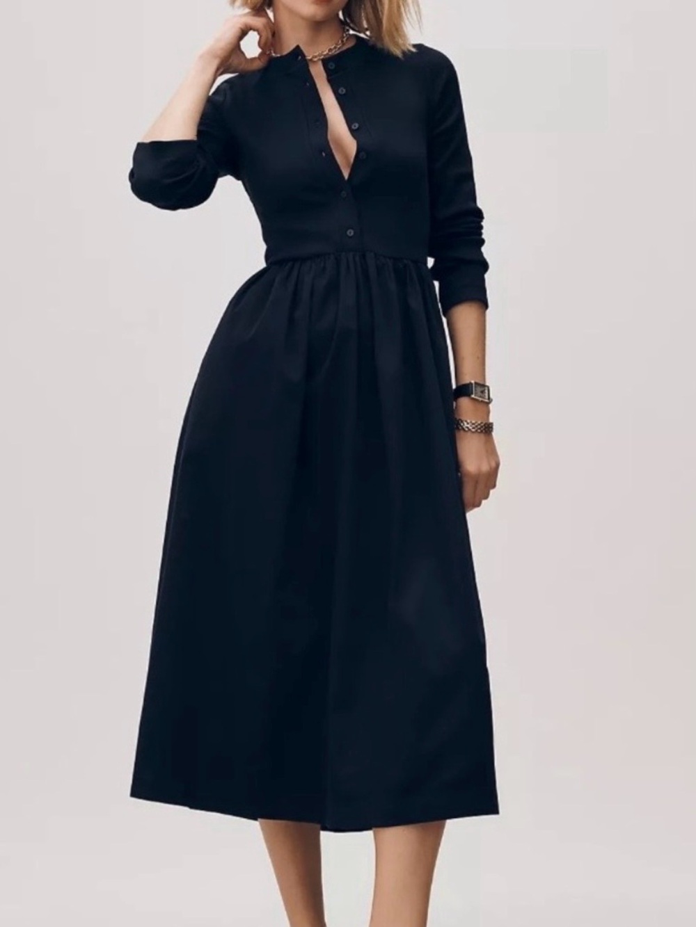 Anthropologie Maeve midi dress black long sleeve button up cotton pockets NWT XL